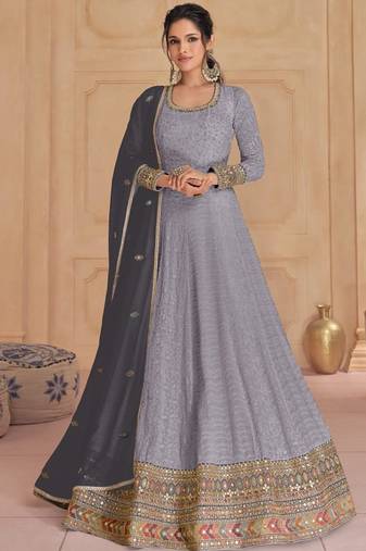 Grey embroidery & sequence work faux georgette anarkali ( full-stitched free size )