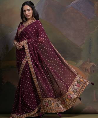 Purple bandhani printed georgette saree with embroidered border 3