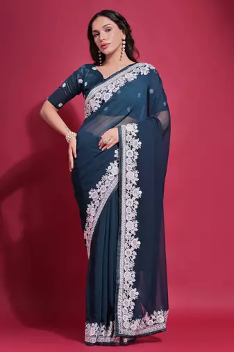 Blue georgette saree with floral embroidered border