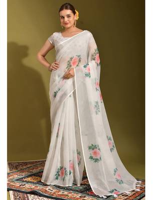 Floral digital print cotton linen saree with cotton tussle pallu 1