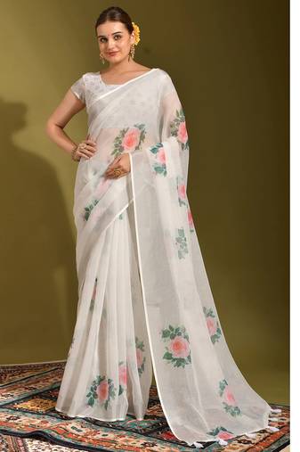 Floral digital print cotton linen saree with cotton tussle pallu