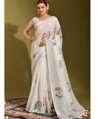 Floral digital print cotton linen saree with cotton tussle pallu