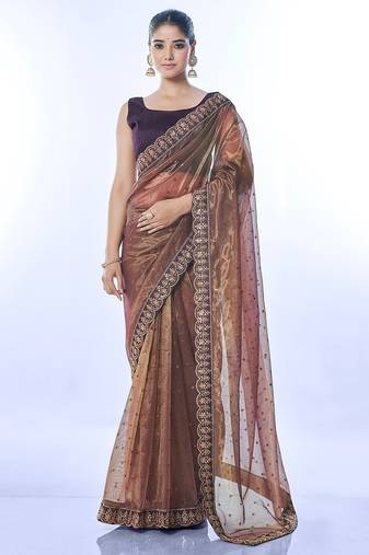 Brown net saree with sequin and embroidered work