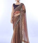 Brown net saree with sequin and embroidered work