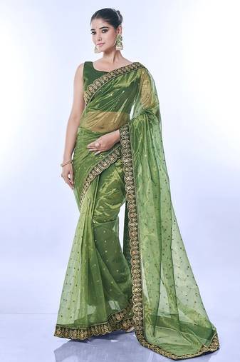 Green net saree with sequin and embroidered work