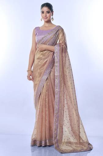 Beige net saree with sequin and embroidered work