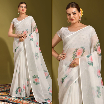 Floral digital print cotton linen saree with cotton tussle pallu 2