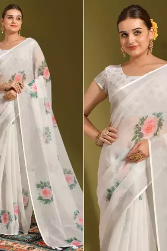 Floral digital print cotton linen saree with cotton tussle pallu