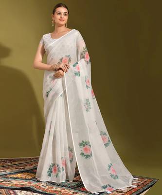 Floral digital print cotton linen saree with cotton tussle pallu 3