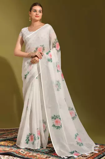 Floral digital print cotton linen saree with cotton tussle pallu