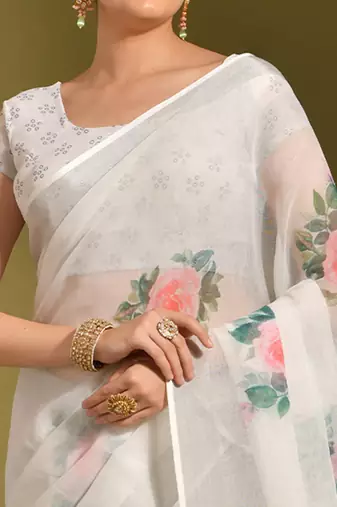 Floral digital print cotton linen saree with cotton tussle pallu