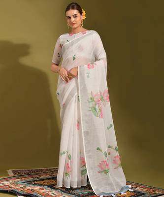 Floral digital print cotton linen saree with tussle pallu 1