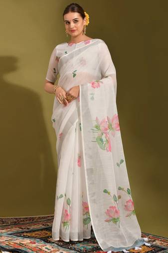 Floral digital print cotton linen saree with tussle pallu