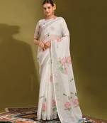 Floral digital print cotton linen saree with tussle pallu