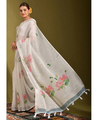Floral digital print cotton linen saree with tussle pallu 2
