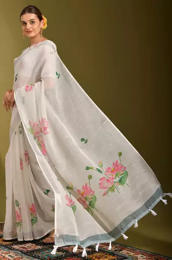 Floral digital print cotton linen saree with tussle pallu