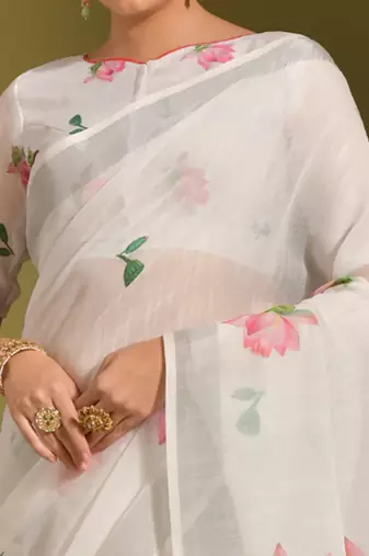 Floral digital print cotton linen saree with tussle pallu