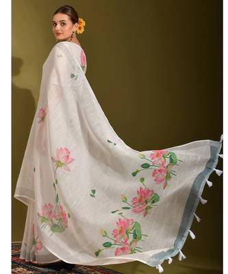 Floral digital print cotton linen saree with tussle pallu 4