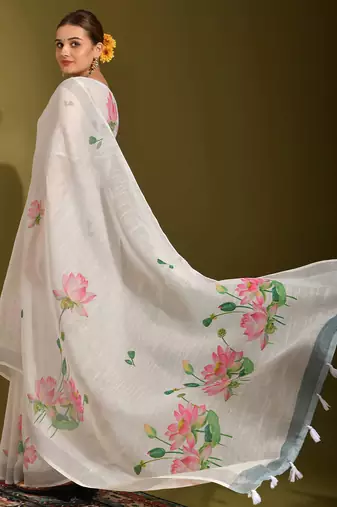 Floral digital print cotton linen saree with tussle pallu