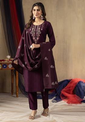 Wine colour with embroidered work marin silk Kurta set for women 1