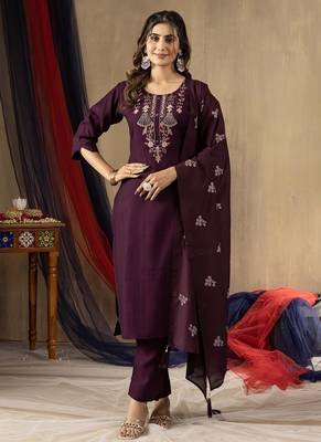 Wine colour with embroidered work marin silk Kurta set for women 2