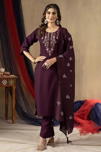 Wine colour with embroidered work marin silk Kurta set for women