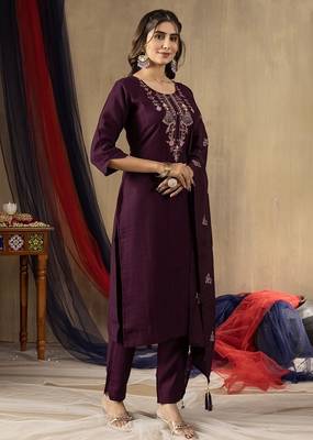 Wine colour with embroidered work marin silk Kurta set for women 3