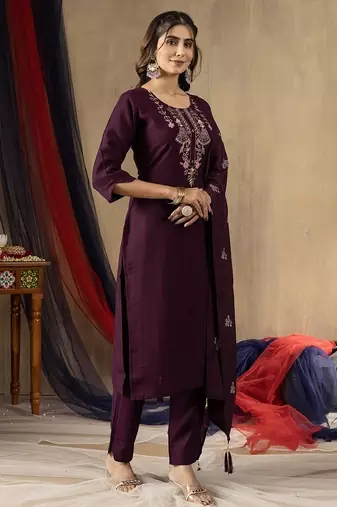 Wine colour with embroidered work marin silk Kurta set for women