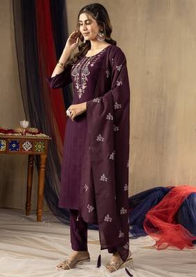 Wine colour with embroidered work marin silk Kurta set for women 4