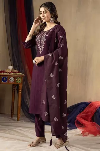 Wine colour with embroidered work marin silk Kurta set for women