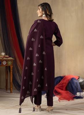 Wine colour with embroidered work marin silk Kurta set for women 5