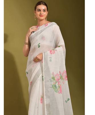 Floral digital print cotton linen saree with tussle pallu 5