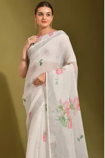 Floral digital print cotton linen saree with tussle pallu