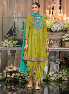 Olive Green Embroidery & Sequence Work Chinon Patiyala Suits 1