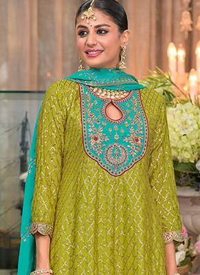 Olive Green Embroidery & Sequence Work Chinon Patiyala Suits 2
