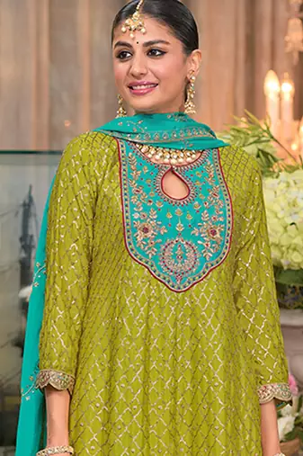 Olive Green Embroidery & Sequence Work Chinon Patiyala Suits