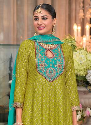 Olive Green Embroidery & Sequence Work Chinon Patiyala Suits 3