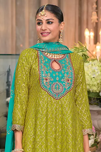 Olive Green Embroidery & Sequence Work Chinon Patiyala Suits