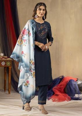 Blue colour with embroidered work marin silk Kurta set for women 3