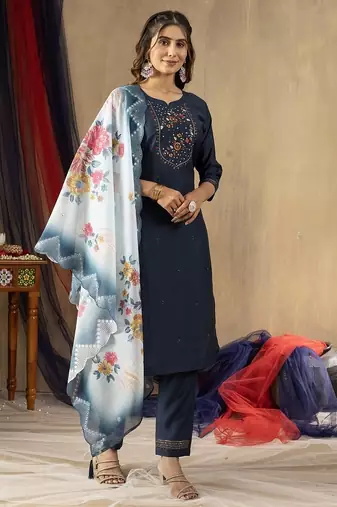 Blue colour with embroidered work marin silk Kurta set for women