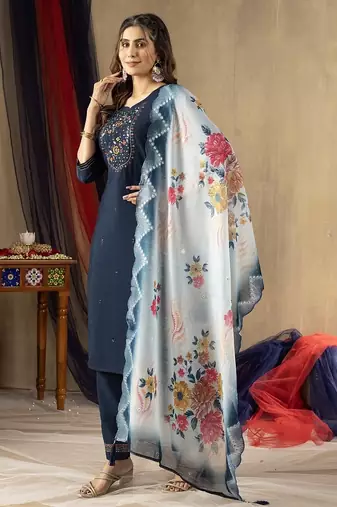 Blue colour with embroidered work marin silk Kurta set for women