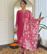 Women's Viscose Rayon Embroidered Straight Kurta with Pant And Dupatta Set