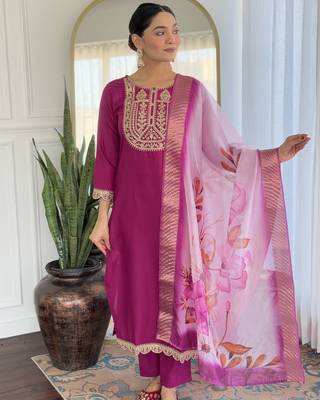 Women's Viscose Rayon Embroidered Straight Kurta with Pant And Dupatta Set 1