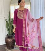 Women's Viscose Rayon Embroidered Straight Kurta with Pant And Dupatta Set