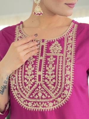 Women's Viscose Rayon Embroidered Straight Kurta with Pant And Dupatta Set 4