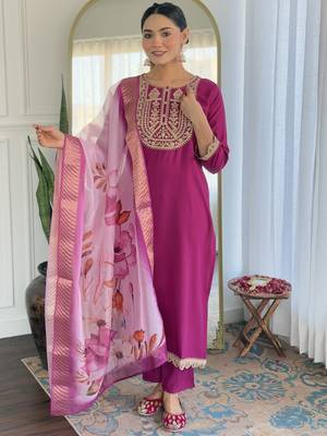 Women's Viscose Rayon Embroidered Straight Kurta with Pant And Dupatta Set 5
