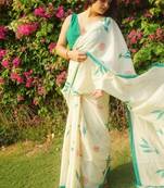 Cream hand block floral printed mul cotton saree with blouse