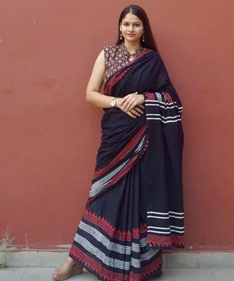 Black hand block printed mul cotton saree with blouse 2