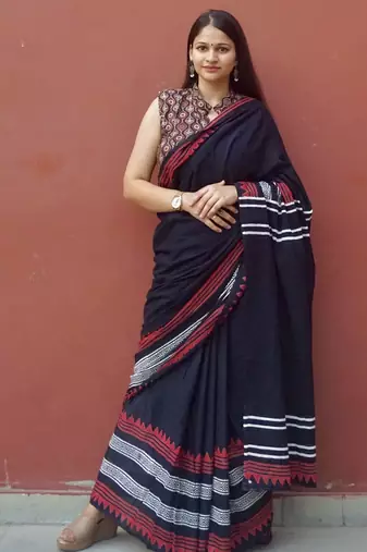 Black hand block printed mul cotton saree with blouse