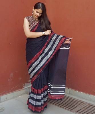 Black hand block printed mul cotton saree with blouse 1